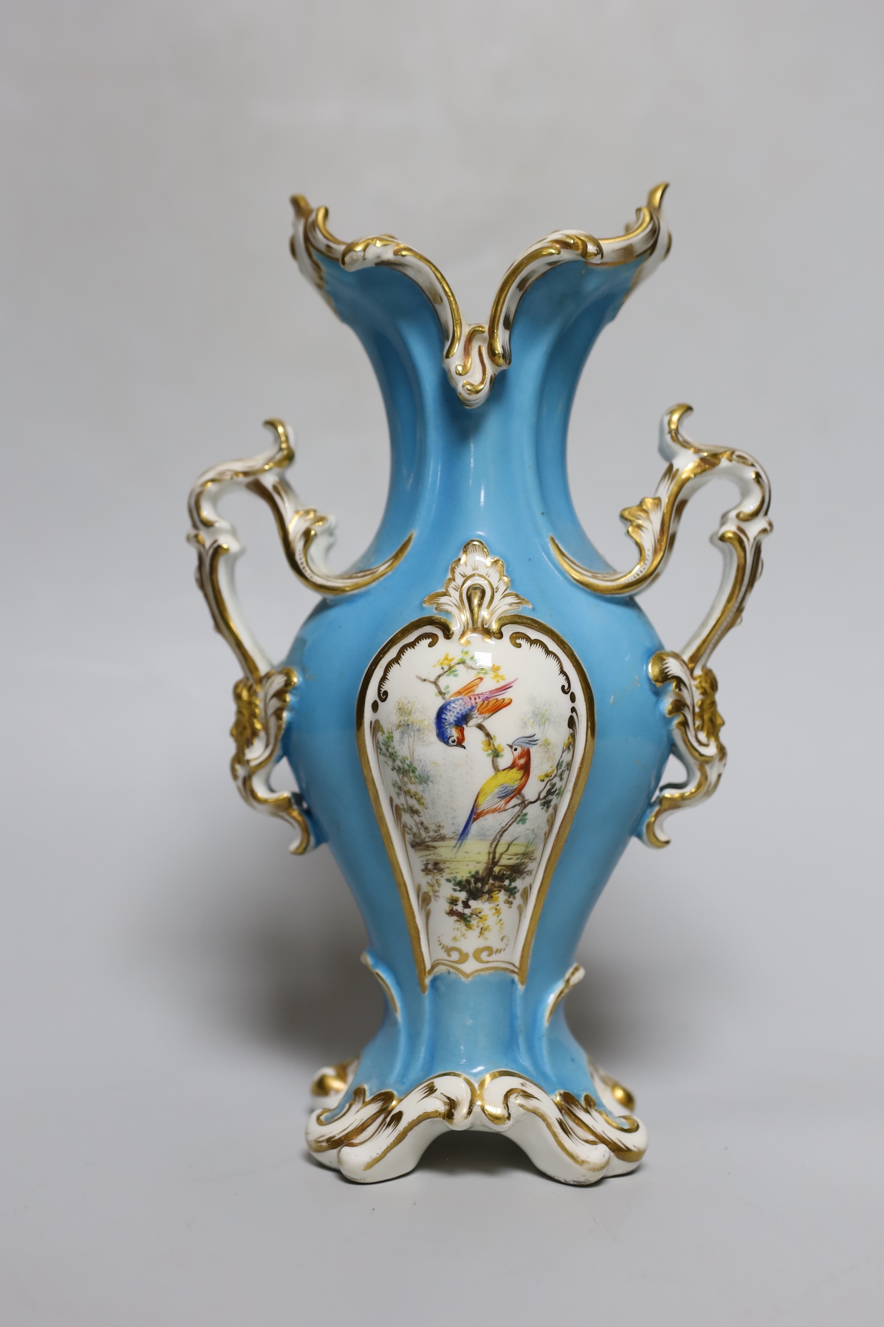 A Coalport rococo two handled vase, painted with birds, probably by John Randall, on a turquoise ground, c.1840, 23cm tall